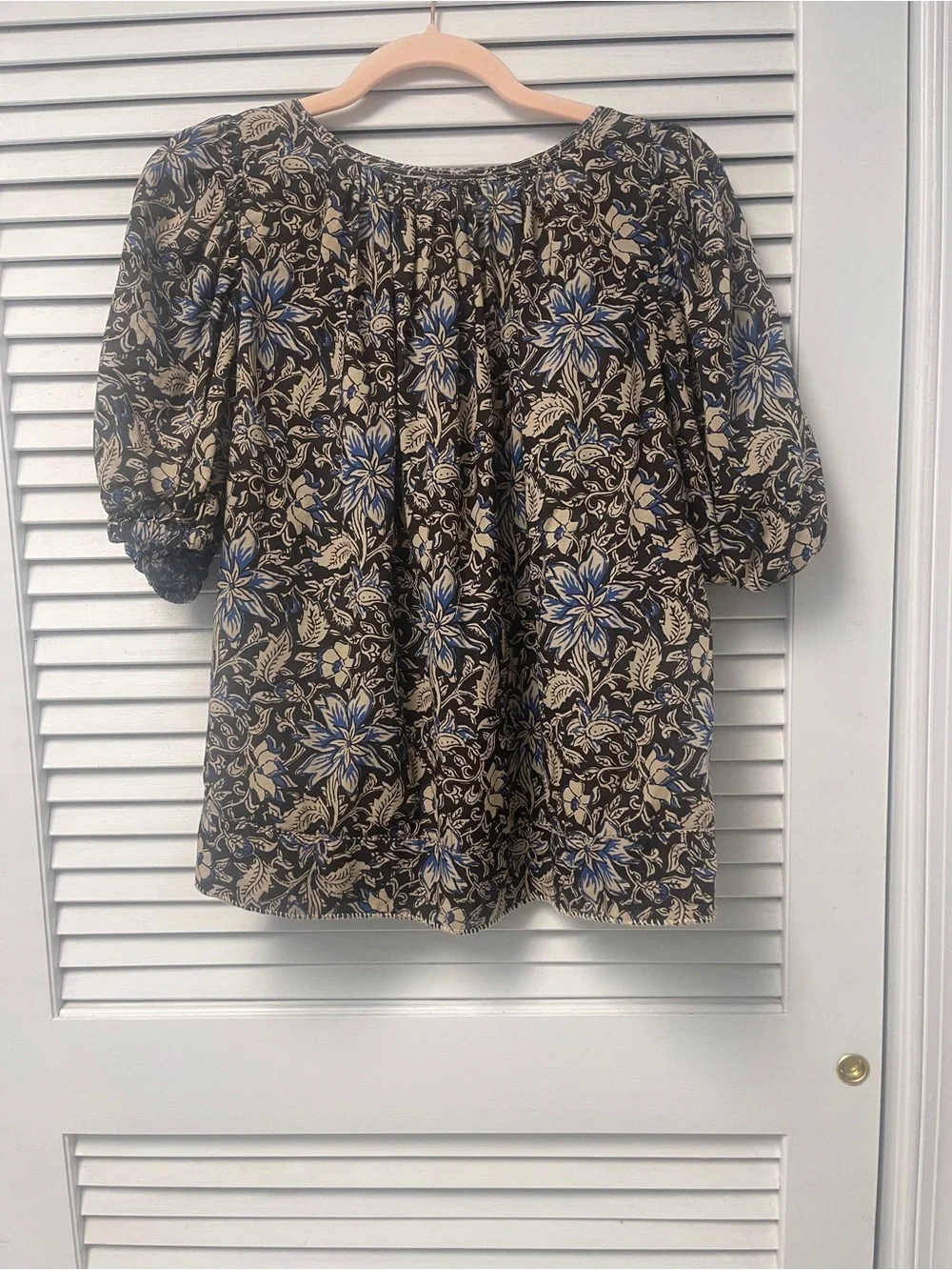 Madewell Black Floral Puff-Sleeve Blouse with Blue Accents
